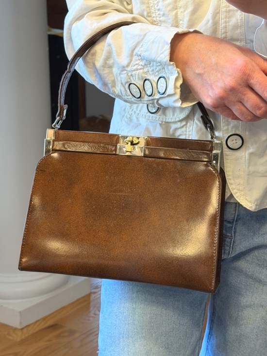 Vintage Mid Century Modern Brown Frame Bag Top Handle Leather Lined USA - Picture 4 of 16